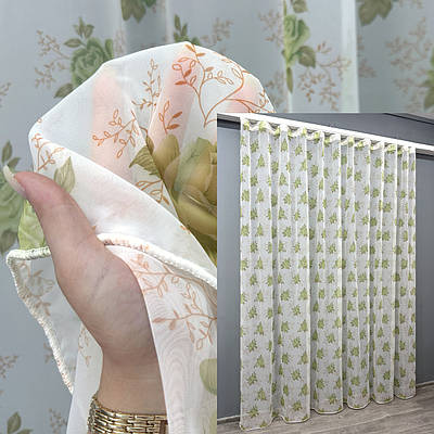 Тюль шифонова з принтом. Колір білий з салатовим. Код 1810т