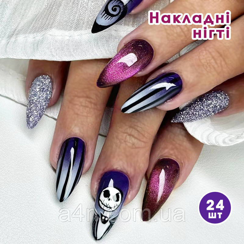 Накладні нігті 24 шт. котяче око + клей для нігтів, типси мигдаль для манікюру, фото 1