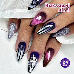 Накладні нігті 24 шт. котяче око + клей для нігтів, типси мигдаль для манікюру