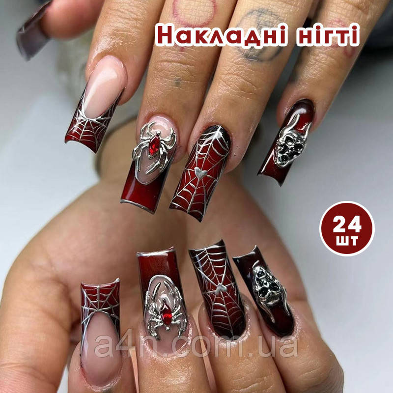 Накладні нігті 24 шт. павутина + клейові стики (24шт) для нігтів, типси квадрат для манікюру, фото 1