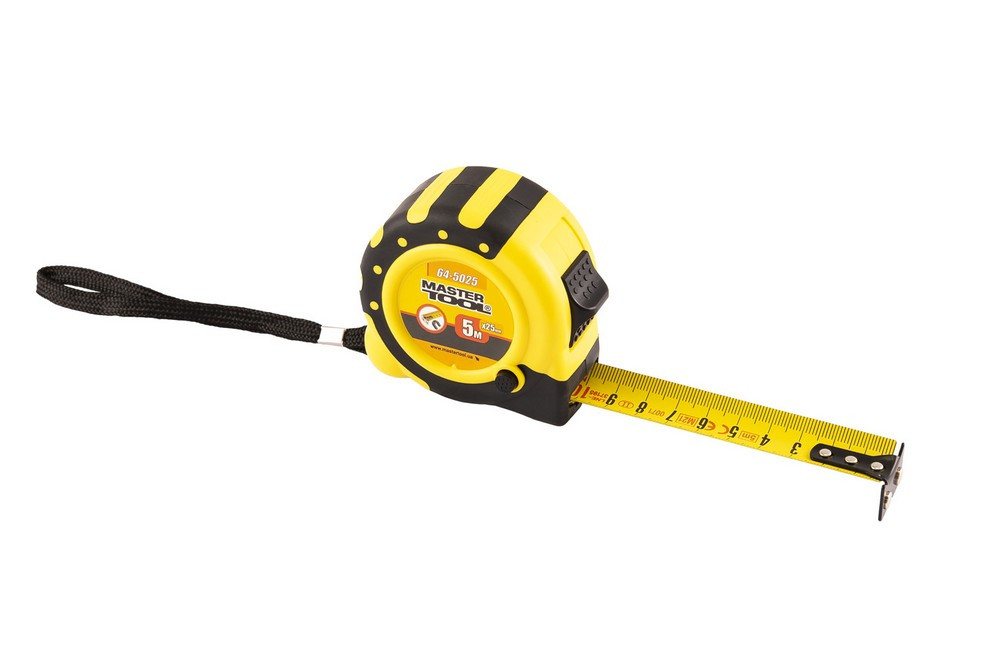 Рулетка MASTERTOOL 5 м 25 мм з магнітами 2 фіксатори кнопка STOP покриття TPR нейлонове покриття, фото 1