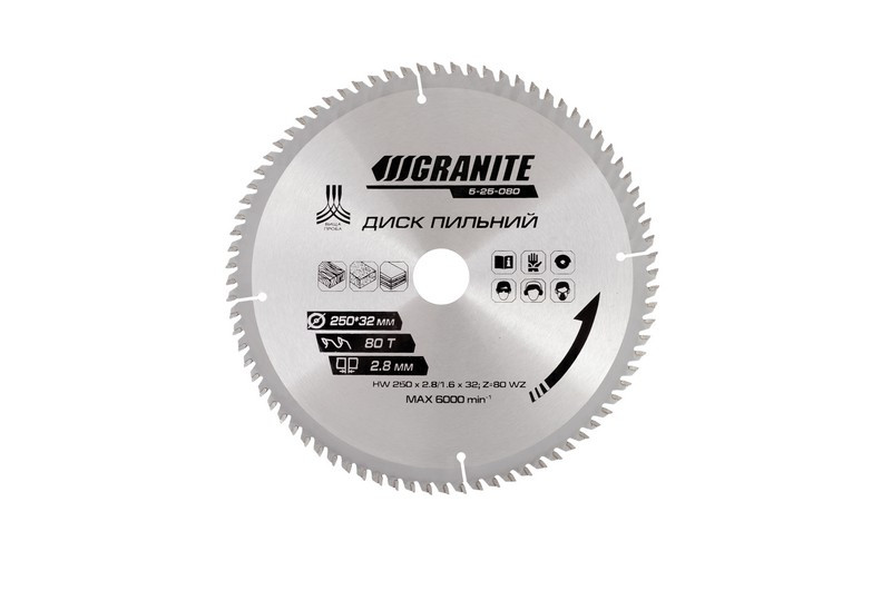 Диск пильний GRANITE для дерева з твердосплавними напайками 250х32х80Т адаптер 32-30/32-25.4 6000 об/хв, фото 1