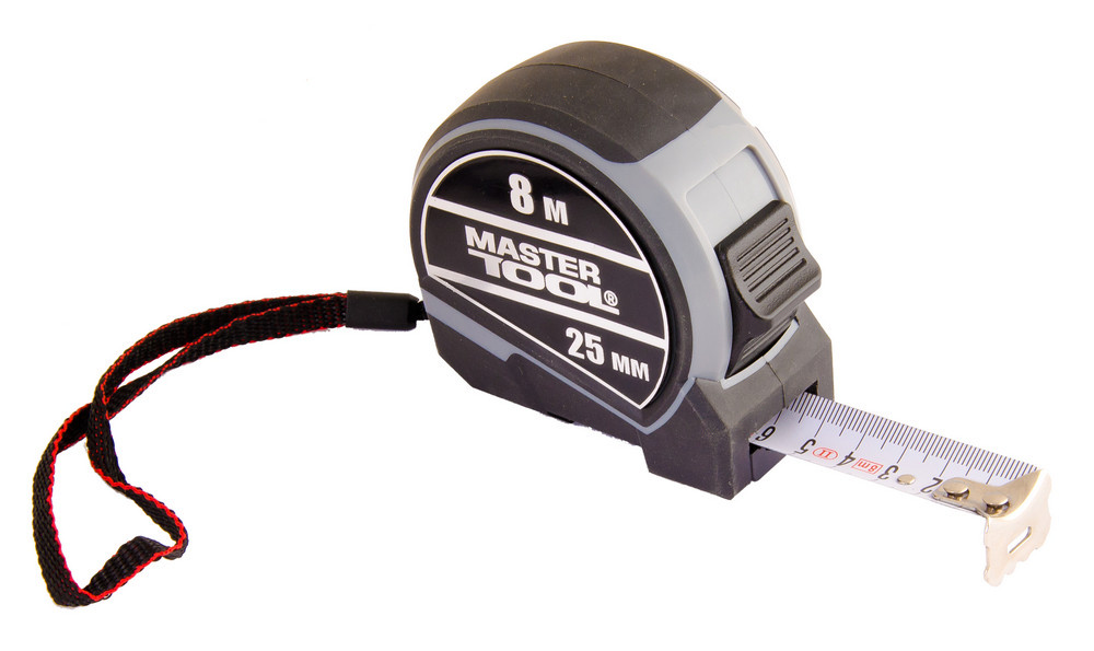 Рулетка MASTERTOOL 8 м 25 мм фіксатор полотна кнопка STOP нейлонове покриття металева накладка, фото 1