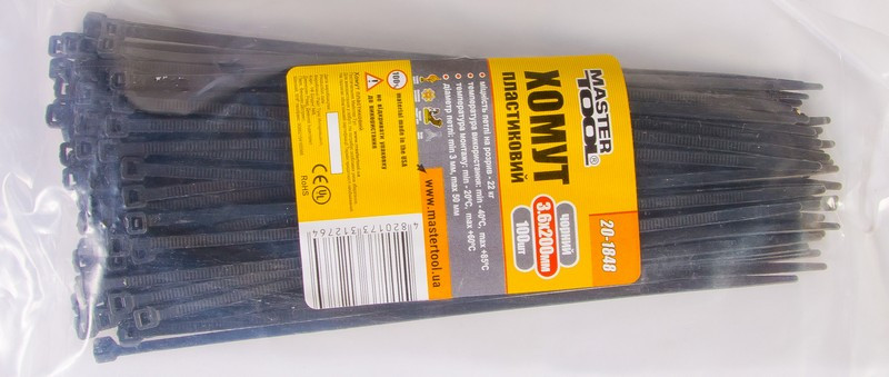 Хомут нейлоновий MASTERTOOL 3.6х200 мм 100 шт чорний, фото 1