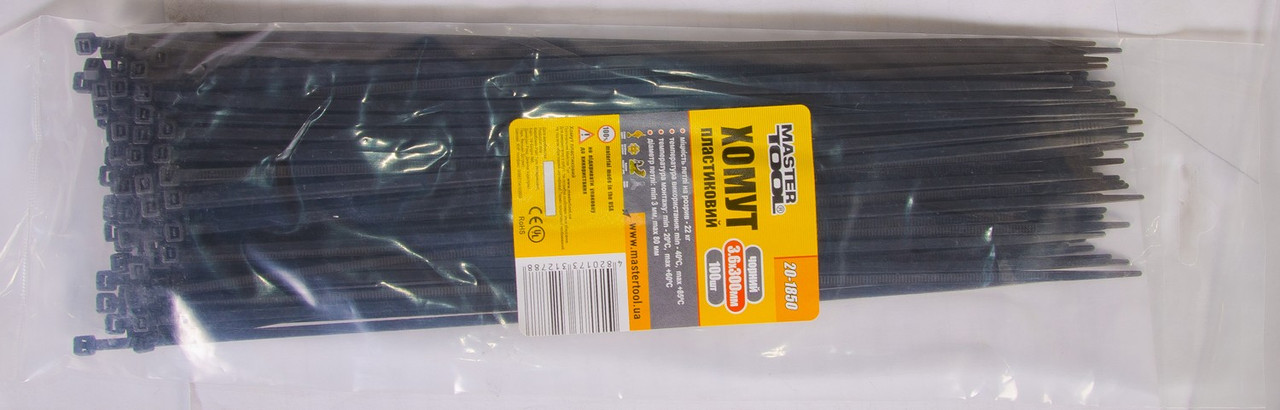 Хомут нейлоновий MASTERTOOL 3.6х300 мм 100 шт чорний, фото 1