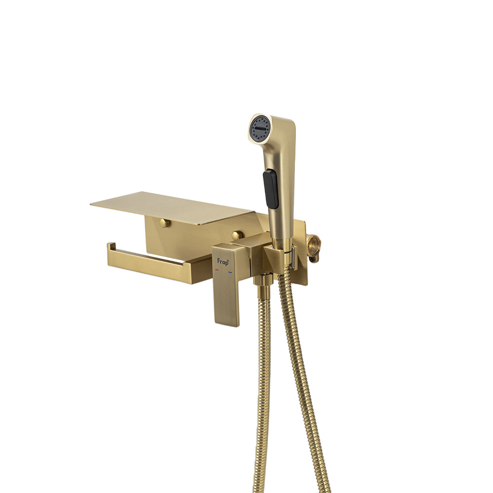 Гігієнічний душ FRAP F2076-3 з паперотримачем та полицею, Ø25, золотий сатин, фото 1