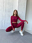 Жіночий спортивний комплект для фітнеса 2в1 Лосіни та топ з довгими рукавами Костюм бордовий для тренувань, фото 6