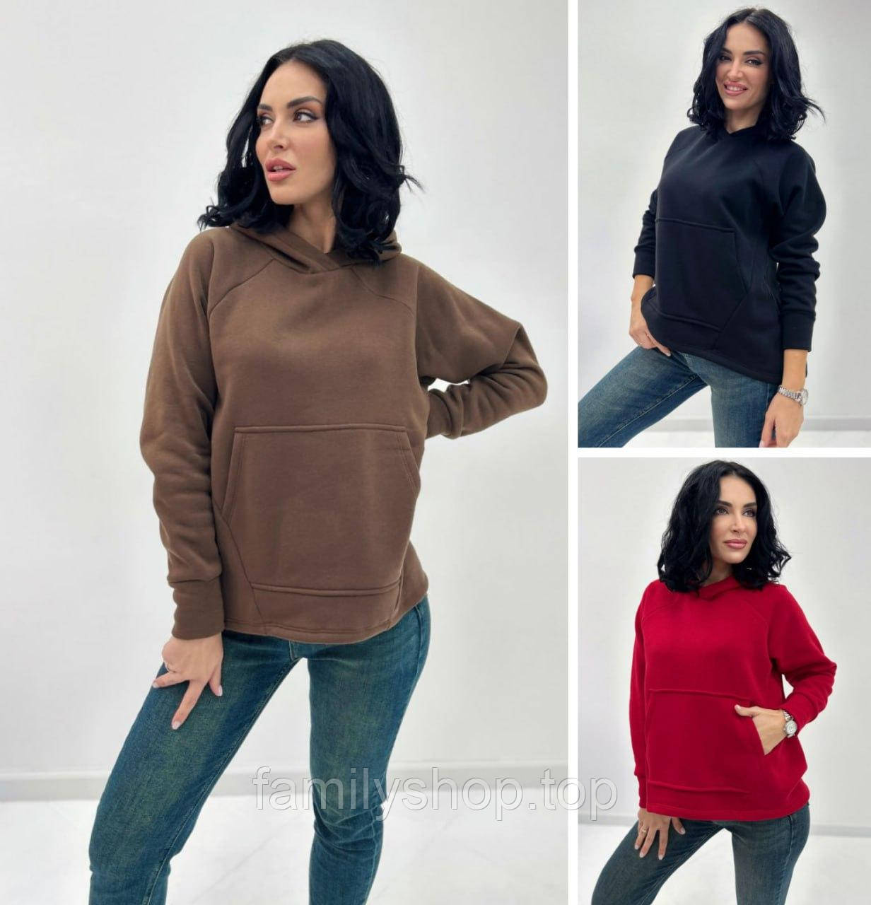 Толстовка жіноча тепла на флісі з капюшоном модна однотонна молодіжна, фото 1