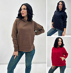 Толстовка жіноча тепла на флісі з капюшоном модна однотонна молодіжна