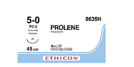 Пролен 5-0 (W8006T) П-ріжуча 16мм, 3/8кола, блакитний 45 cm