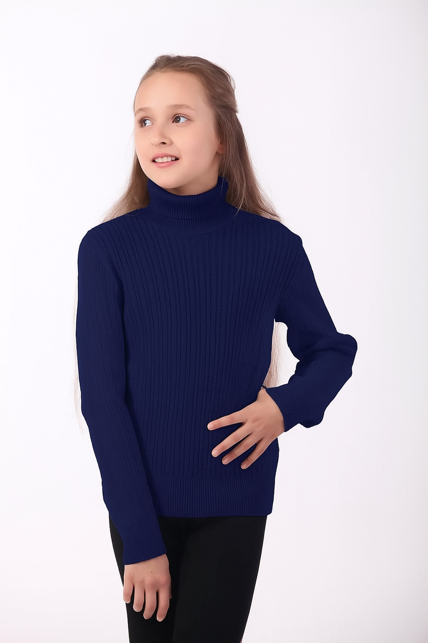 Джемпер гольф для дівчинки в'язка косичка темно-синій розміри 122-164, фото 1