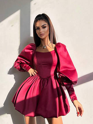 Нарядне жіноче атласне плаття міні з об'ємними рукавами та спідницею балон Smb9480, фото 1