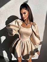Нарядне жіноче атласне плаття міні з об'ємними рукавами та спідницею балон Smb9480, фото 5