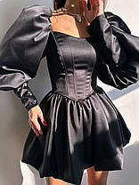 Нарядне жіноче атласне плаття міні з об'ємними рукавами та спідницею балон Smb9480, фото 4