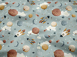 Сатин "Планети та ракети" на світло-джинсовому фоні. № SK-160-032