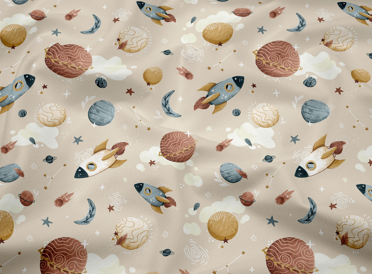 Сатин "Планети та ракети" на бежевому тлі. № SK-160-032а, фото 1