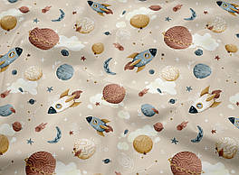 Сатин "Планети та ракети" на бежевому тлі. № SK-160-032а