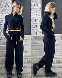 Костюм оверсайз для дівчат на блискавці з рукавом «через пальчик», чорний, зріст 128–160 см