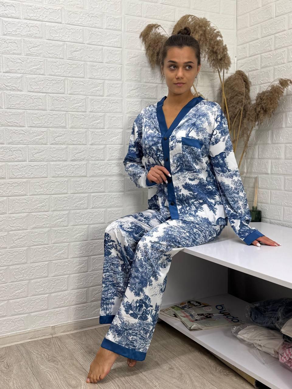 Стильна шовкова піжама рубашка штани у принті, фото 1