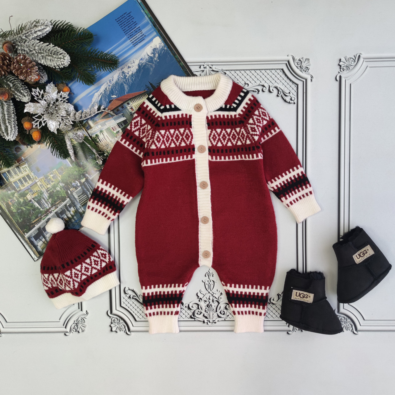 Дитячий червоний теплий в'язаний чоловічок, комплект з шапочкою, ромпер для новонароджених