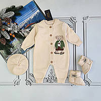 Дитячий бежевий в'язаний чоловічок Поло, комплект ромпер з шапочкою для новонароджених