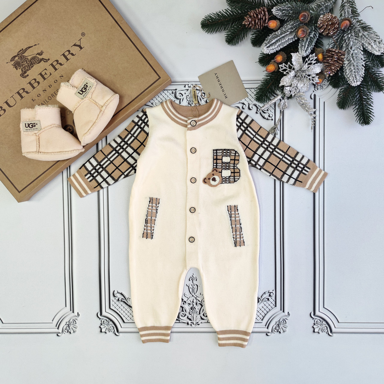 Дитячий бежевий теплий в'язаний чоловічок, ромпер Берберрі для новонароджених