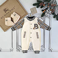 Дитячий бежевий теплий в'язаний чоловічок, ромпер Берберрі для новонароджених