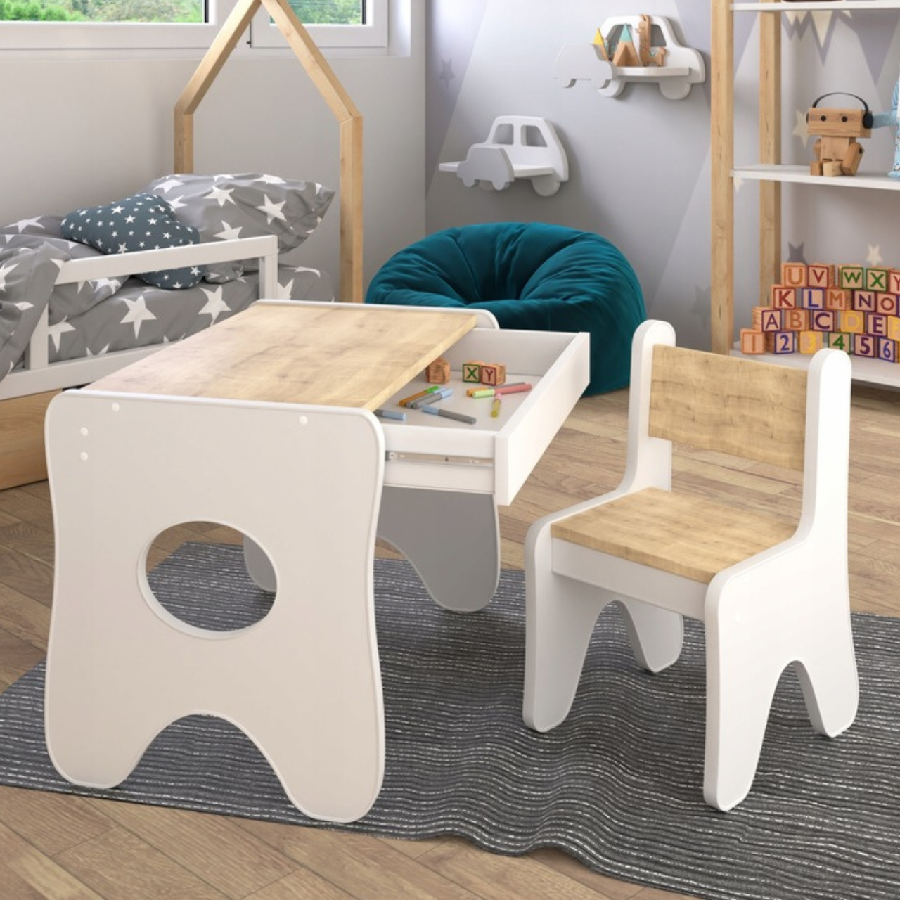 Набір дитячих меблів столик з ящиком та стільчик 70×45×51, стіл та стілець для дітей, білий з деревом, фото 1