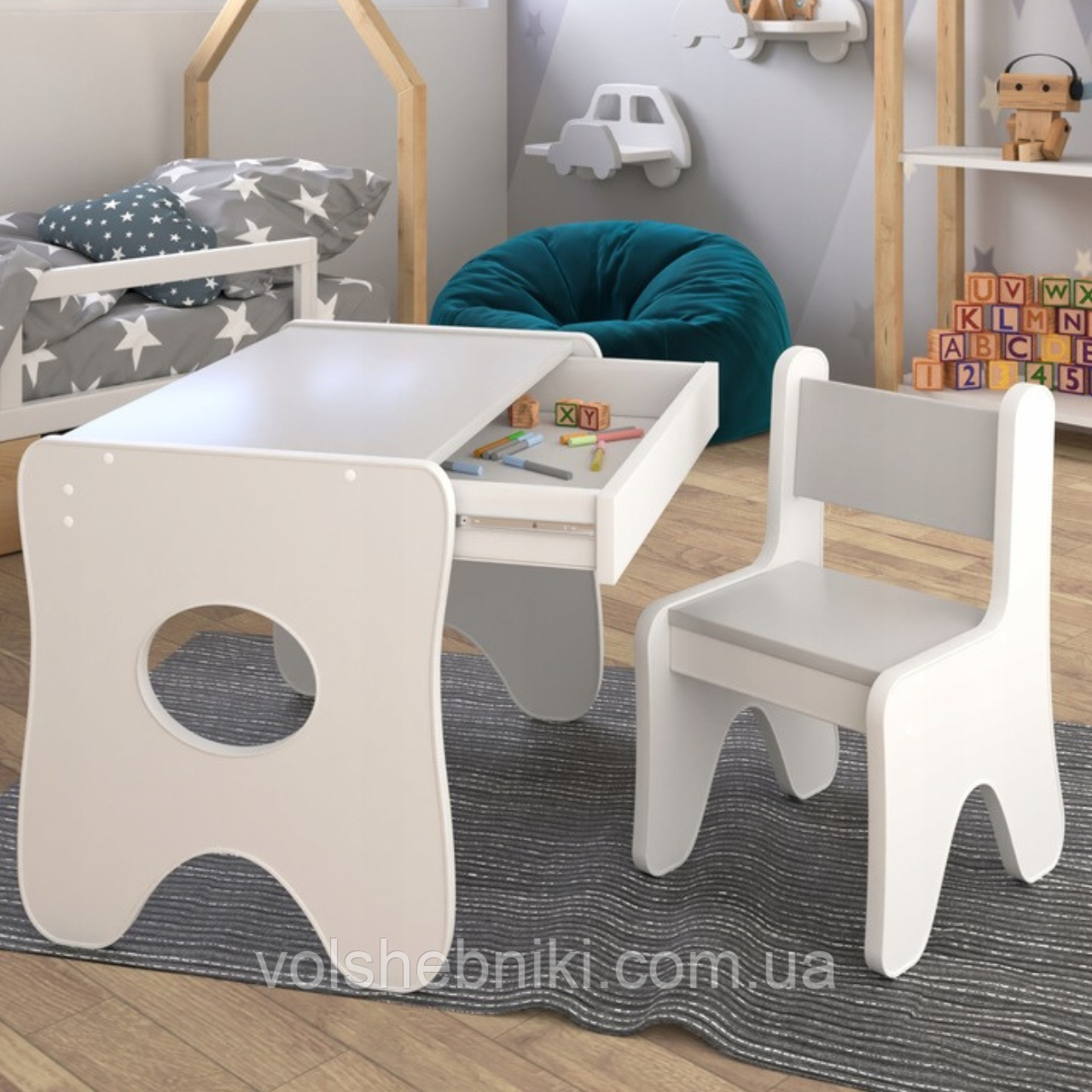 Набір дитячих меблів столик з ящиком та стільчик 70×45×51, стіл та стілець для дітей, білий з сірим