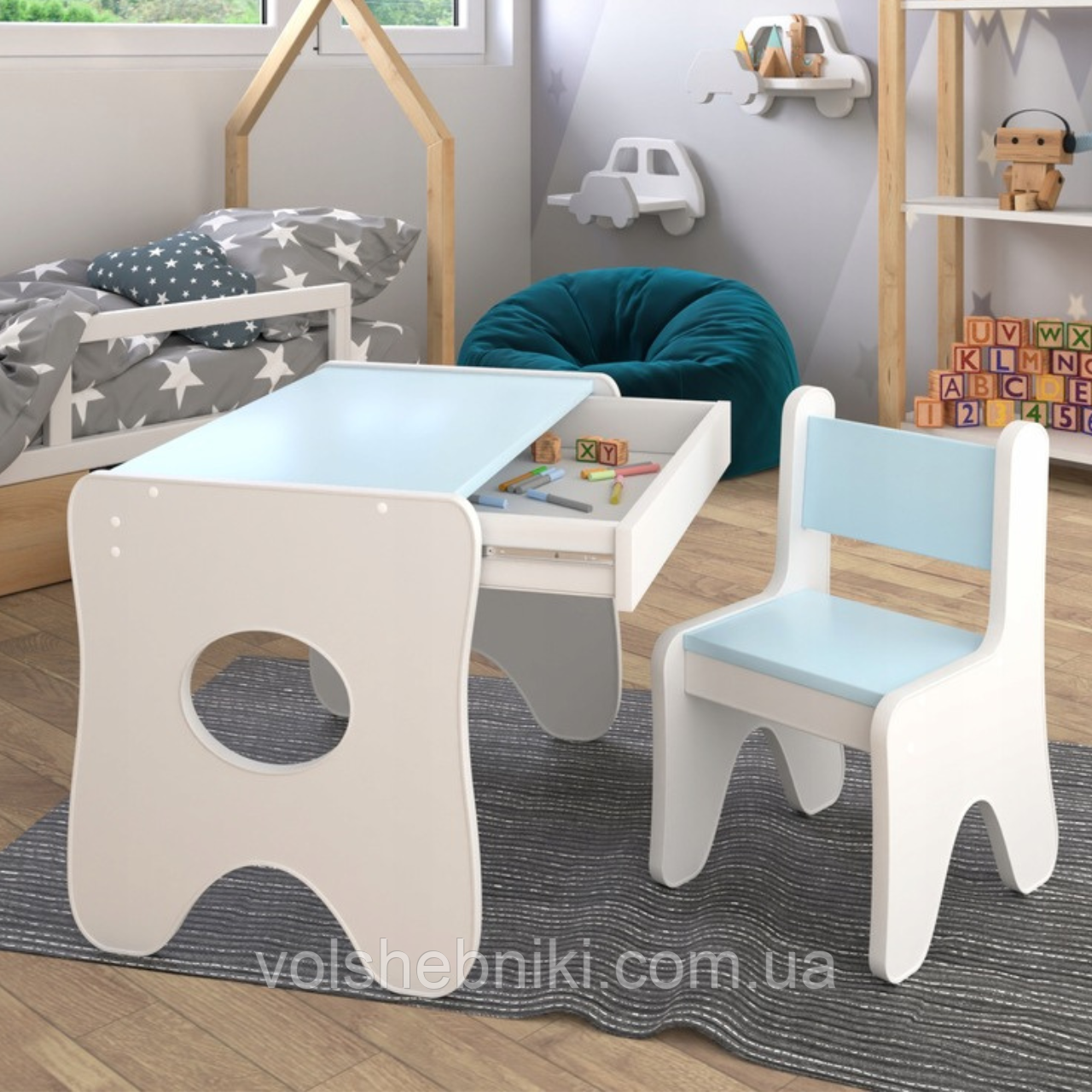 Набір дитячих меблів столик з ящиком та стільчик 70×45×51, стіл та стілець для дітей, білий з блакитник