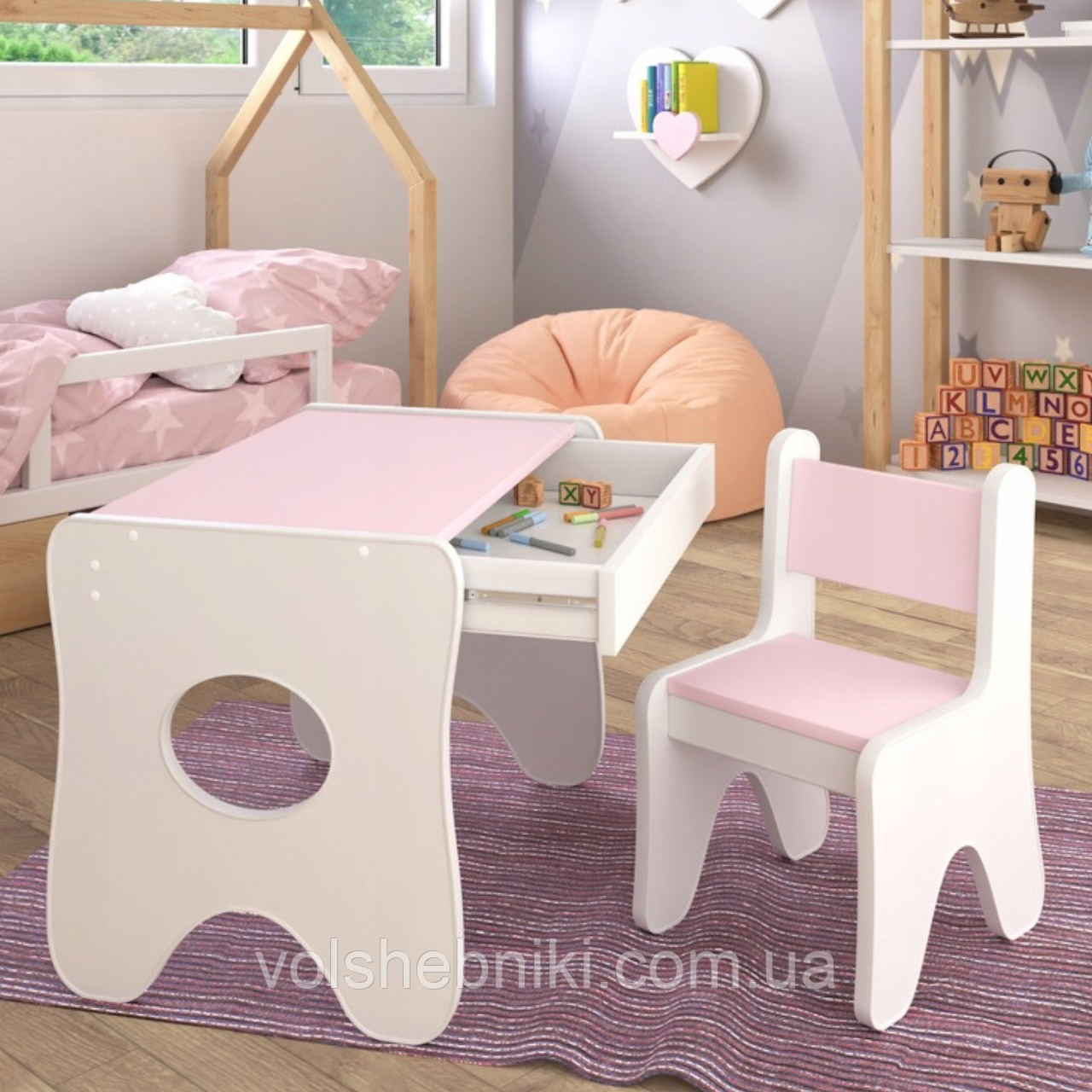 Набір дитячих меблів столик з ящиком та стільчик 70×45×51, стіл та стілець для дітей, білий з рожевим