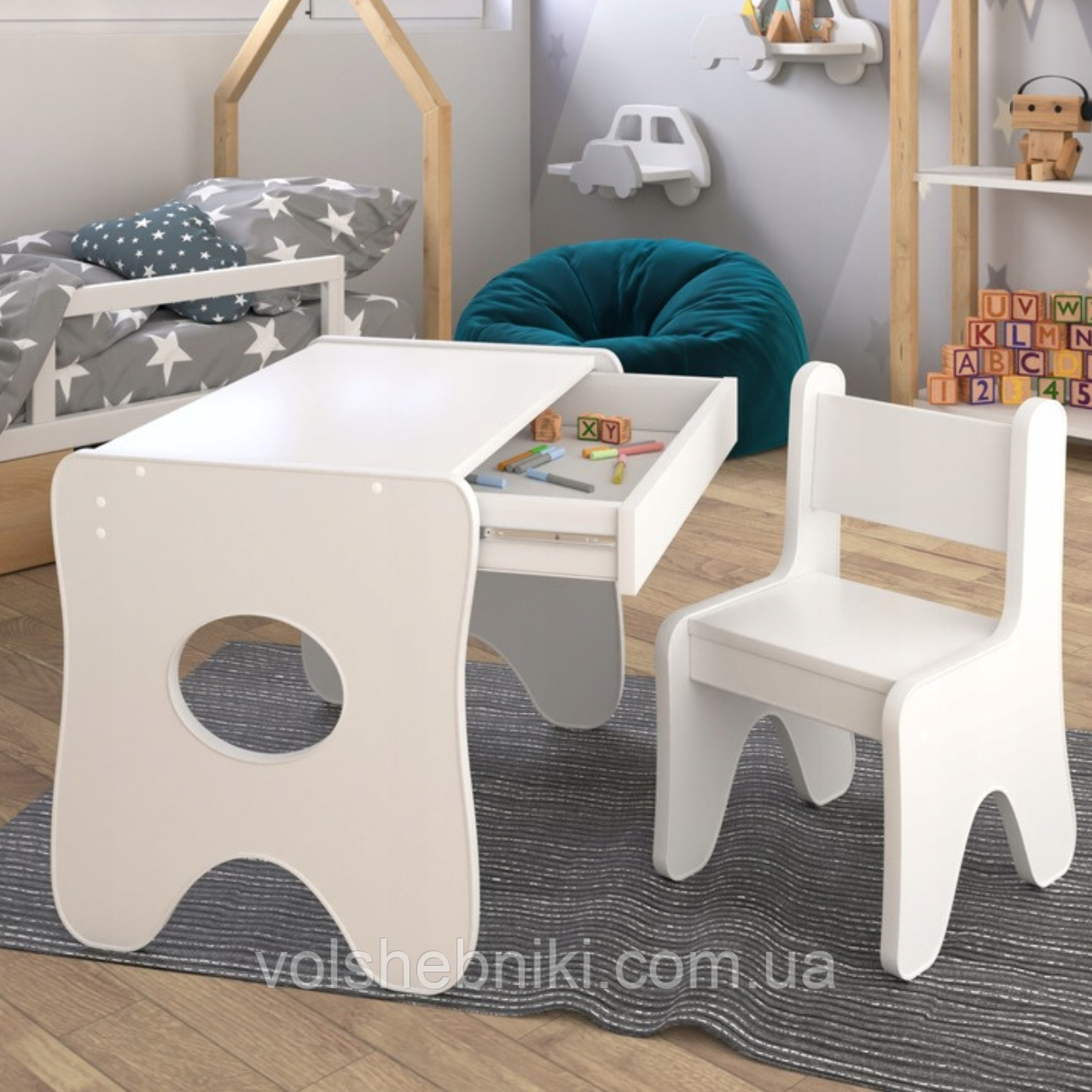 Набір дитячих меблів столик з ящиком та стільчик 70×45×51, стіл та стілець для дітей, білий