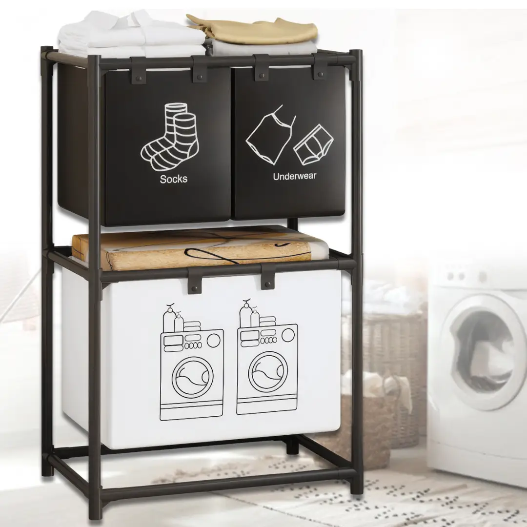 Двохуровневий підлоговий кошик для білизни на 3 відділення SKLM-24 97х28х57 см