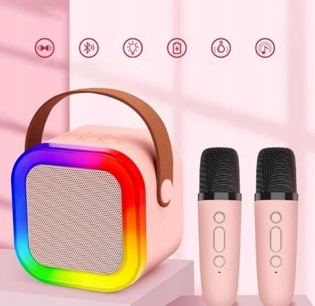Міні-дитяче караоке K12 з LED-підсвічуванням та двома бездротовими мікрофонами Рожевий