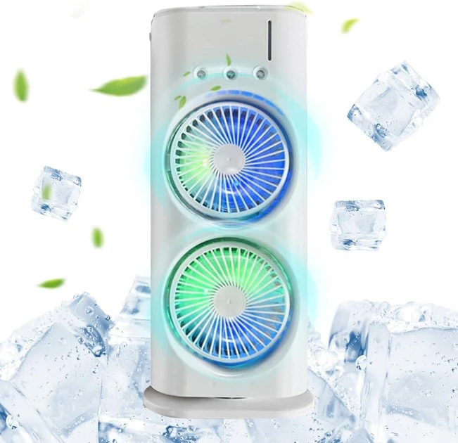 Настільний вентилятор подвійний з охолодженням Double-ended Spray Fan LED підсвічування 3 швидкості пульт