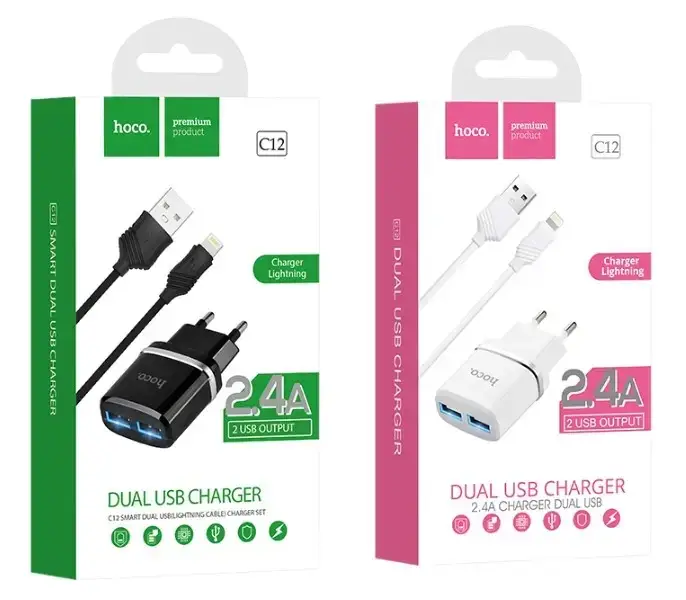 СЗУ адаптер 220V HOCO C12 2USB Smart + кабель iPhone 2.4A