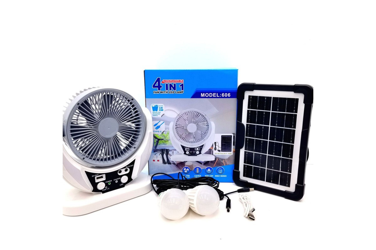 Портативний вентилятор акумуляторний з сонячною батареєю 4в1 (606)