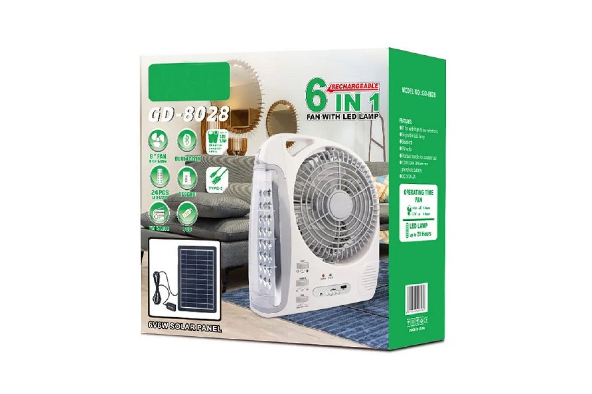 Портативний вентилятор акумуляторний з сонячною батареєю 6в1 (GD-8028/N283)