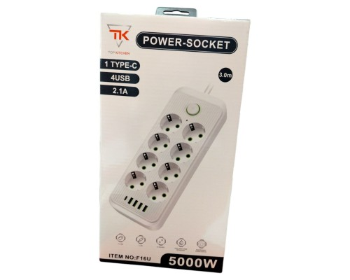Подовжувач електричний Тк-9 (8×220В+4×USB+1×Type-C) Білий 3m