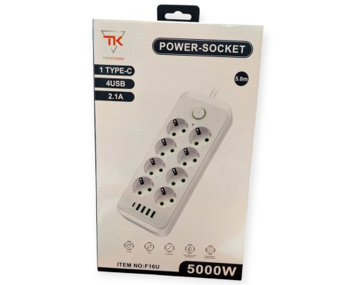 Подовжувач електричний Тк-11 (8×220В+4×USB+1×Type-C) Білий 5m