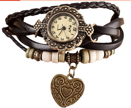 Жіночі годинники з кожзам ремінцем під старовину з брелоком "серце" чорний, фото 2