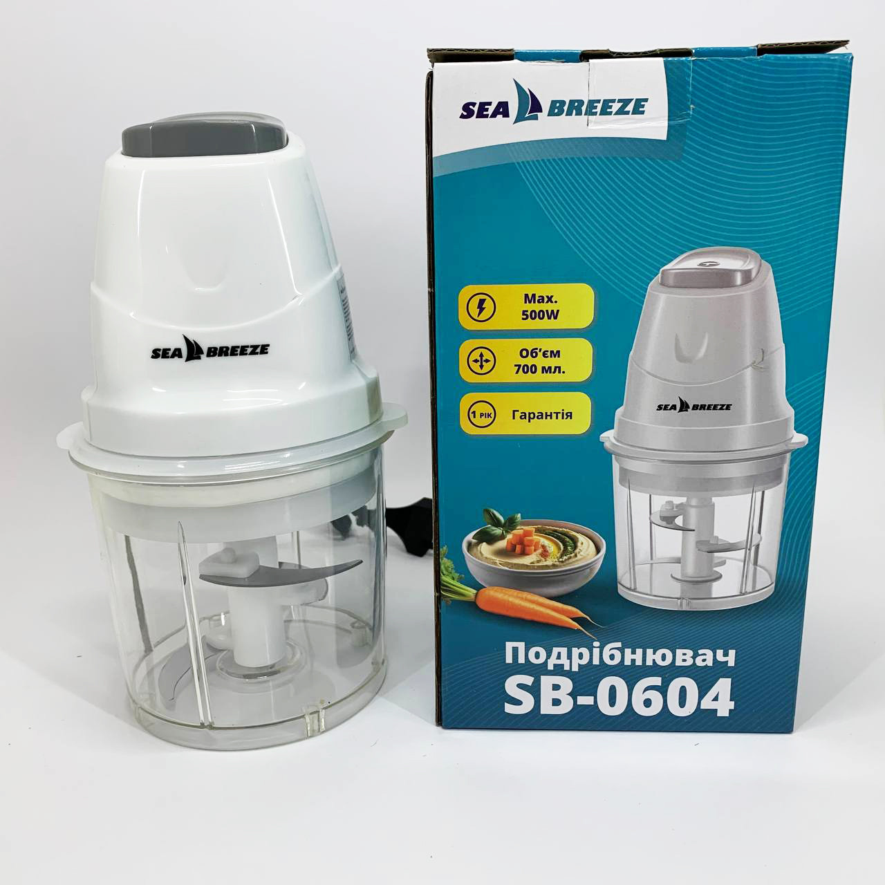 Подрібнювач з 4-ма лезами SeaBreeze, Побутовий потужний подрібнювач продуктів, Блендер ручний з чашею VZ-82