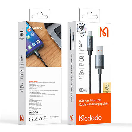 Кабель McDodo USB-A to Micro USB Cable with Charging Light 1m Black, фото 2