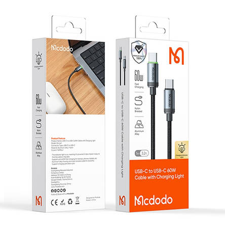 Кабель McDodo Type-C to Type-C 60W Cable with Charging Light 1m Black, фото 2