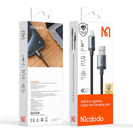 Кабель McDodo USB-A to Lightning Cable with Charging Light 1m Black, фото 2