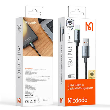 Кабель McDodo USB-A to USB-C Cable with Charging Light 1m Black, фото 2