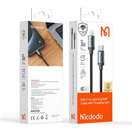 Кабель McDodo USB-C to Lightning 36W Cable with Charging Light 1m Black, фото 2