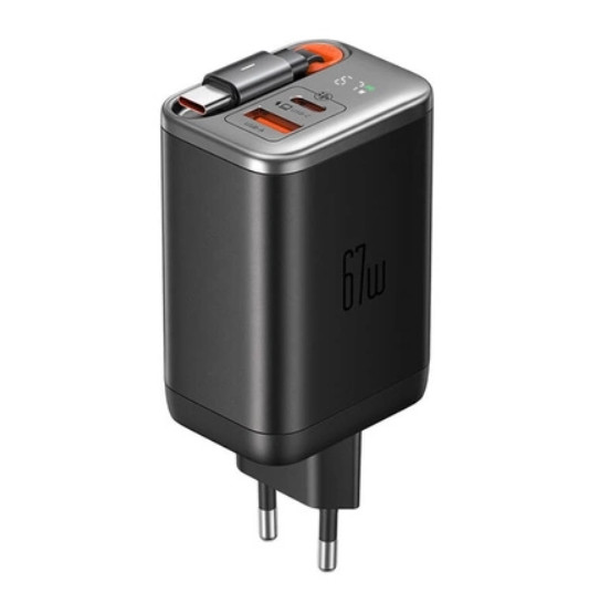 СЗУ McDodo 67W 1C+1A Digital Display GaN Charger Built-in 65cm retractable USB-C Cable(EU) Black