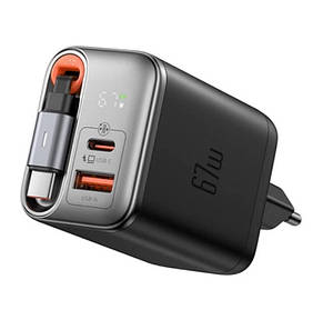 СЗУ McDodo 67W 1C+1A Digital Display GaN Charger Built-in 65cm retractable USB-C Cable(EU) Black, фото 2