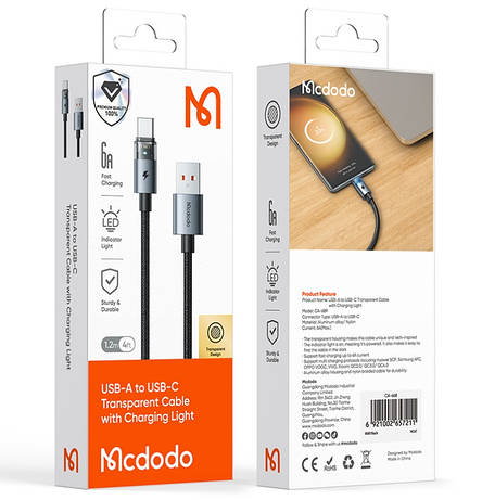 Кабель McDodo USB-C Transparent Cable with Charging Light 1.2m CA-6890 Black, фото 2